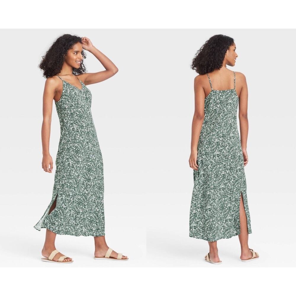 A New Day Target XXL Green Floral Midi Slip Dress Side Slits - Picture 2 of 8